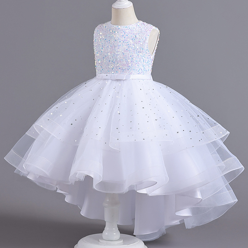 Summer new girl dress sleeveless round neck sequined gauze fluffy skirt long princess skirt trailing skirt suitable for birthday school party family party banquet dress costume.