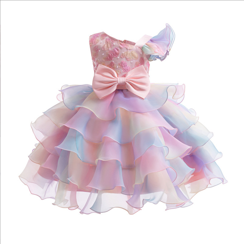 Summer new girl dress printed sleeveless round neck bow mesh fluffy princess dress is suitable for birthday school party, family party dinner dress performance clothes.