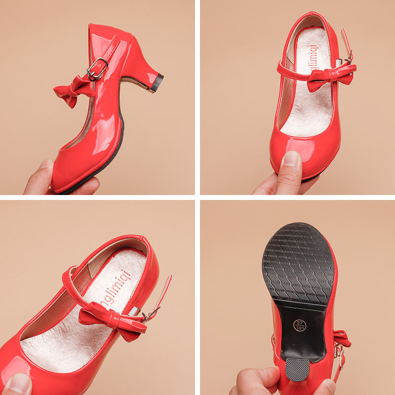 New girls' leather shoes with dresses, princess shoes, bows, round-headed high-heeled shoes are suitable for daily casual birthdays, school parties, family gatherings and dinner performances.