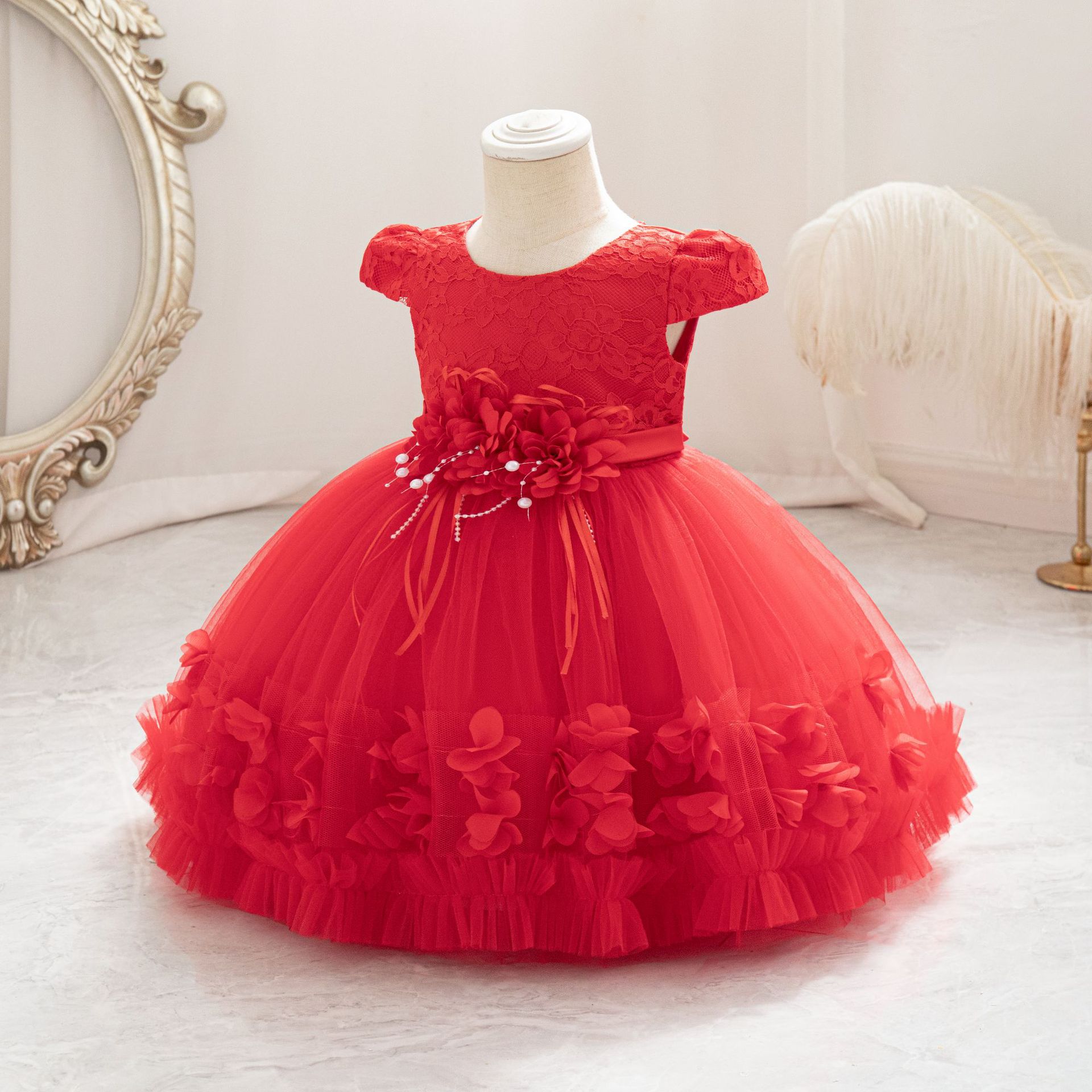 New girls' dresses in summer, short sleeves, round neck, flowers, beaded bows, gauze and fluffy skirts, princess dresses are suitable for birthday school party dinner dresses, costumes.