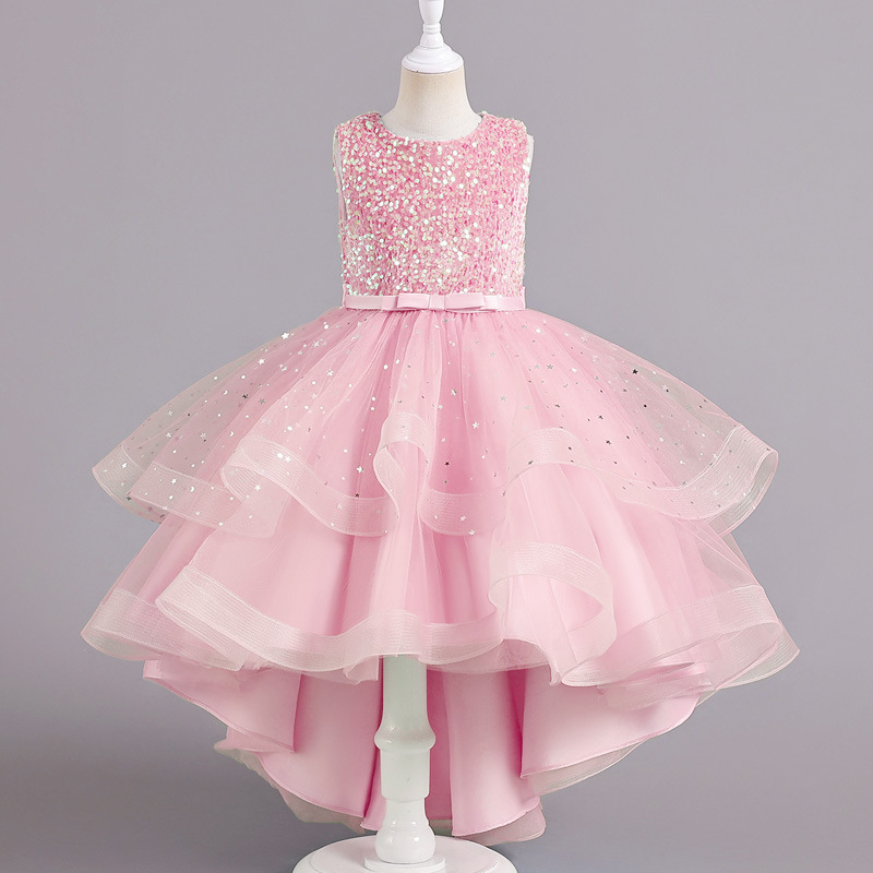 Summer new girl dress sleeveless round neck sequined gauze fluffy skirt long princess skirt trailing skirt suitable for birthday school party family party banquet dress costume.