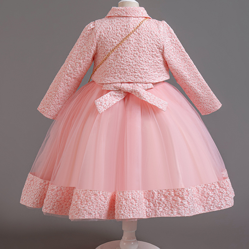 Summer new girls' dress suit long sleeve lapel coat sleeveless round neck beaded gauze princess skirt small satchel dress three-piece birthday school party family party dinner dress costume.