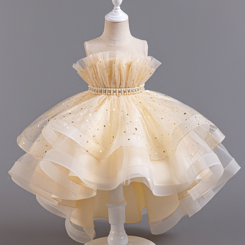 Summer new girl dress sleeveless round neck sequined gauze fluffy skirt princess skirt trailing dress is suitable for birthday school party family party dinner dress costume.