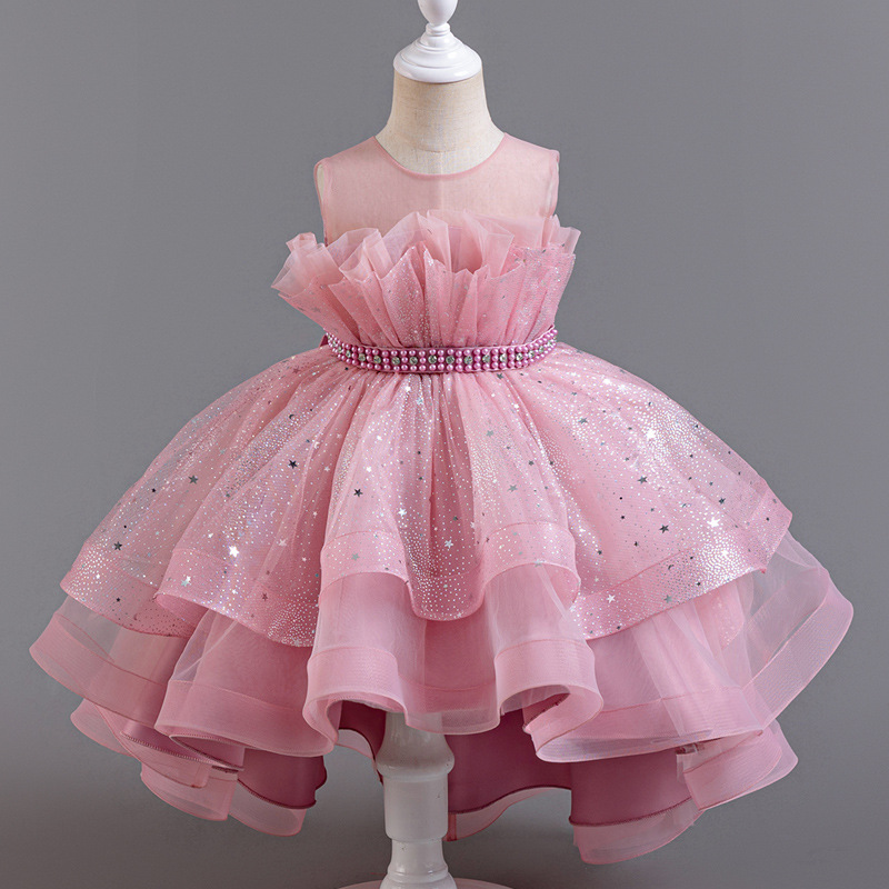 Summer new girl dress sleeveless round neck sequined gauze fluffy skirt princess skirt trailing dress is suitable for birthday school party family party dinner dress costume.