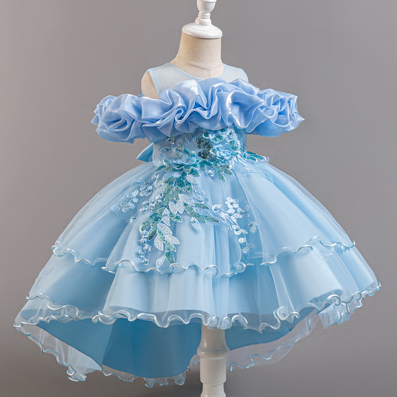 Summer new girl dress sleeveless round neck one-shoulder embroidered gauze fluffy skirt long trailing princess dress suitable for birthday school party family opportunity dinner dress costume.