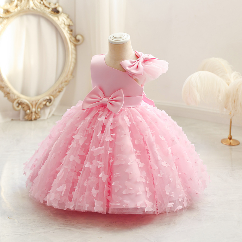 New girls' dresses in summer, round neck, flying sleeves, bow mesh and fluffy princess dress, are suitable for birthday school parties, family gatherings, dinner dresses and costumes.