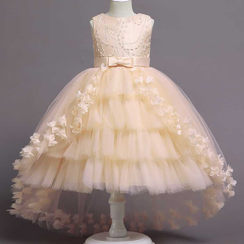 New girls' dresses in summer are sleeveless round neck beaded gauze fluffy princess skirts long dresses trailing dresses suitable for birthday school parties, family parties, dinner dresses and costum