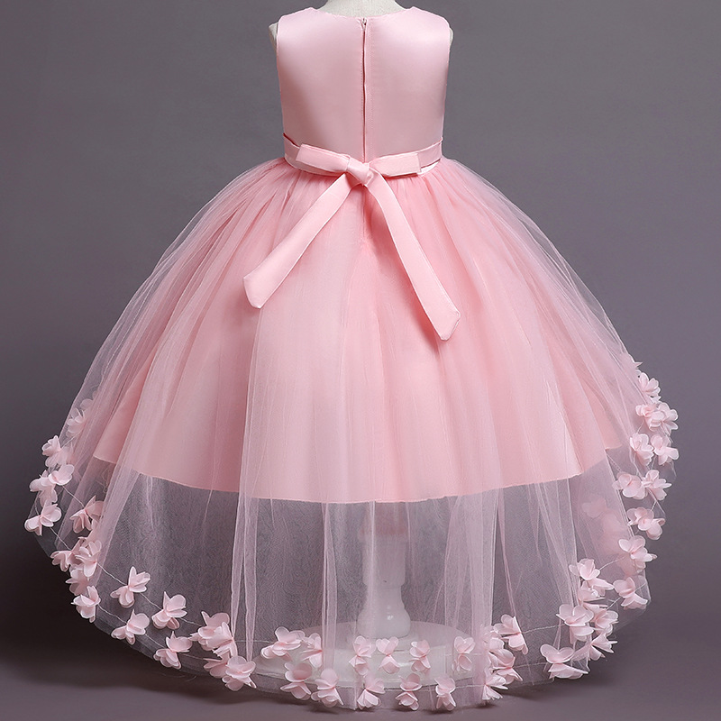 New girls' dresses in summer are sleeveless round neck beaded gauze fluffy princess skirts long dresses trailing dresses suitable for birthday school parties, family parties, dinner dresses and costum