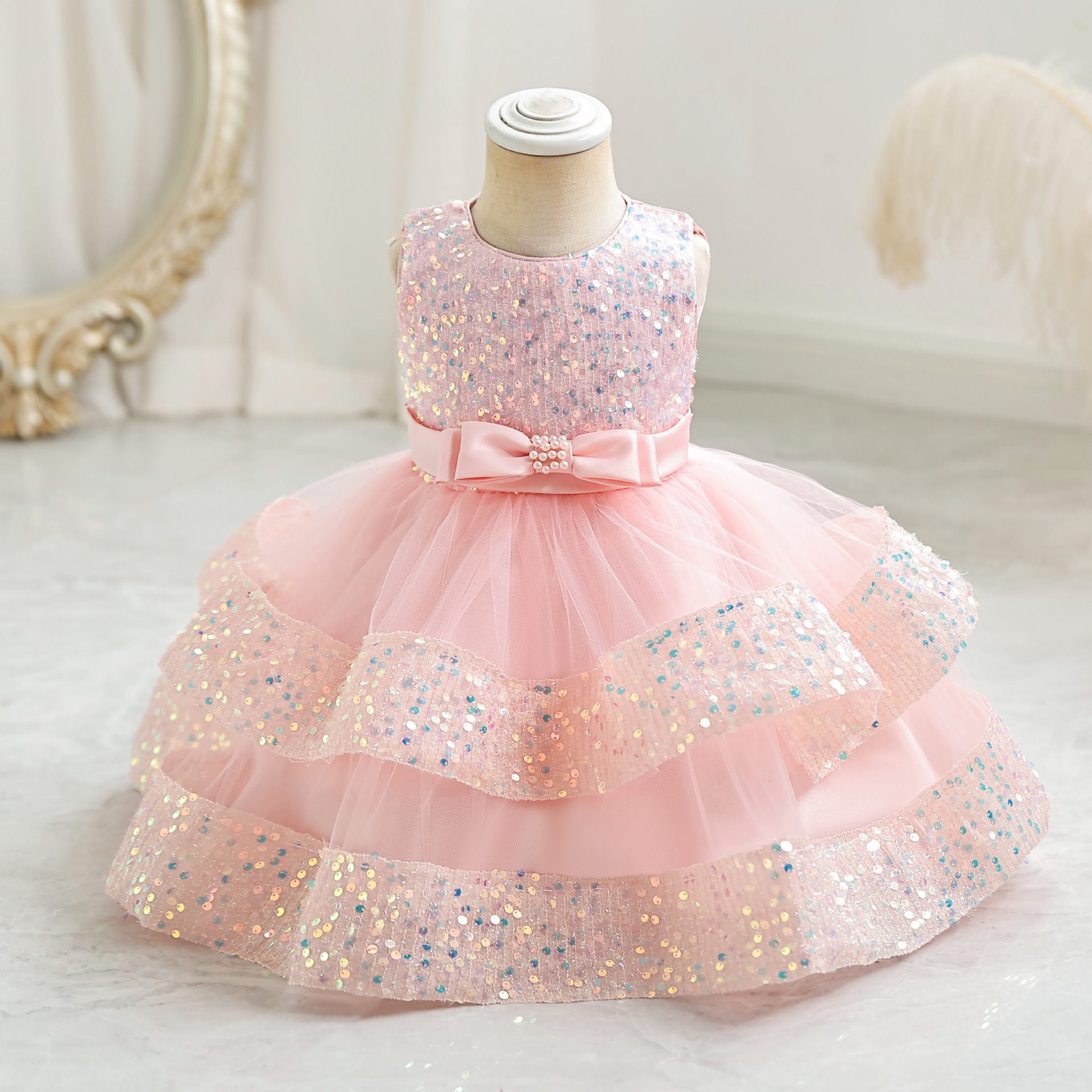 Summer new girl dress sleeveless round neck sequined beaded bow gauze fluffy skirt princess dress birthday school party dinner dress costume