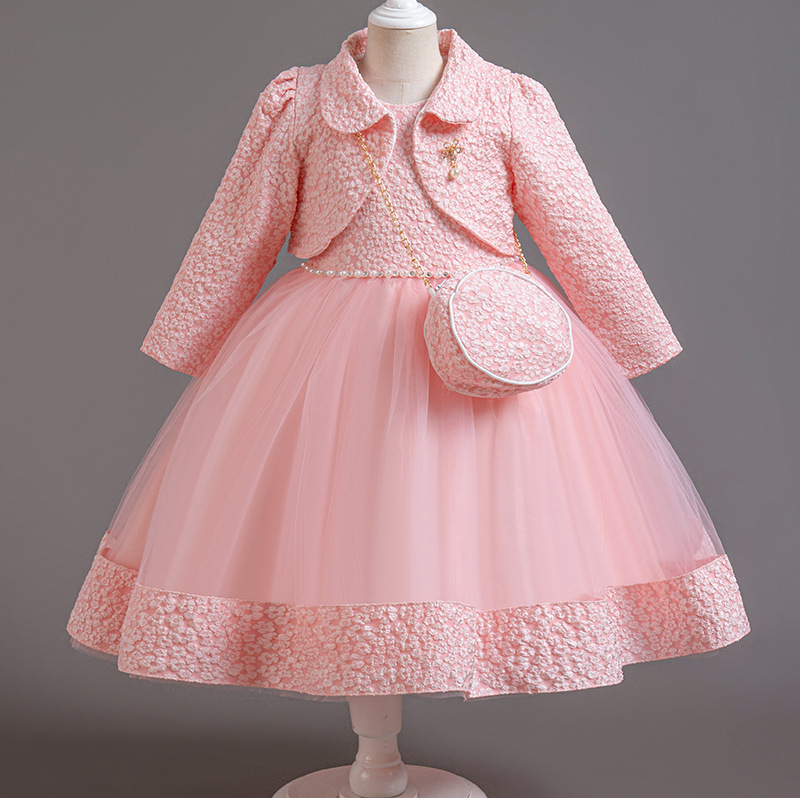 Summer new girls' dress suit long sleeve lapel coat sleeveless round neck beaded gauze princess skirt small satchel dress three-piece birthday school party family party dinner dress costume.