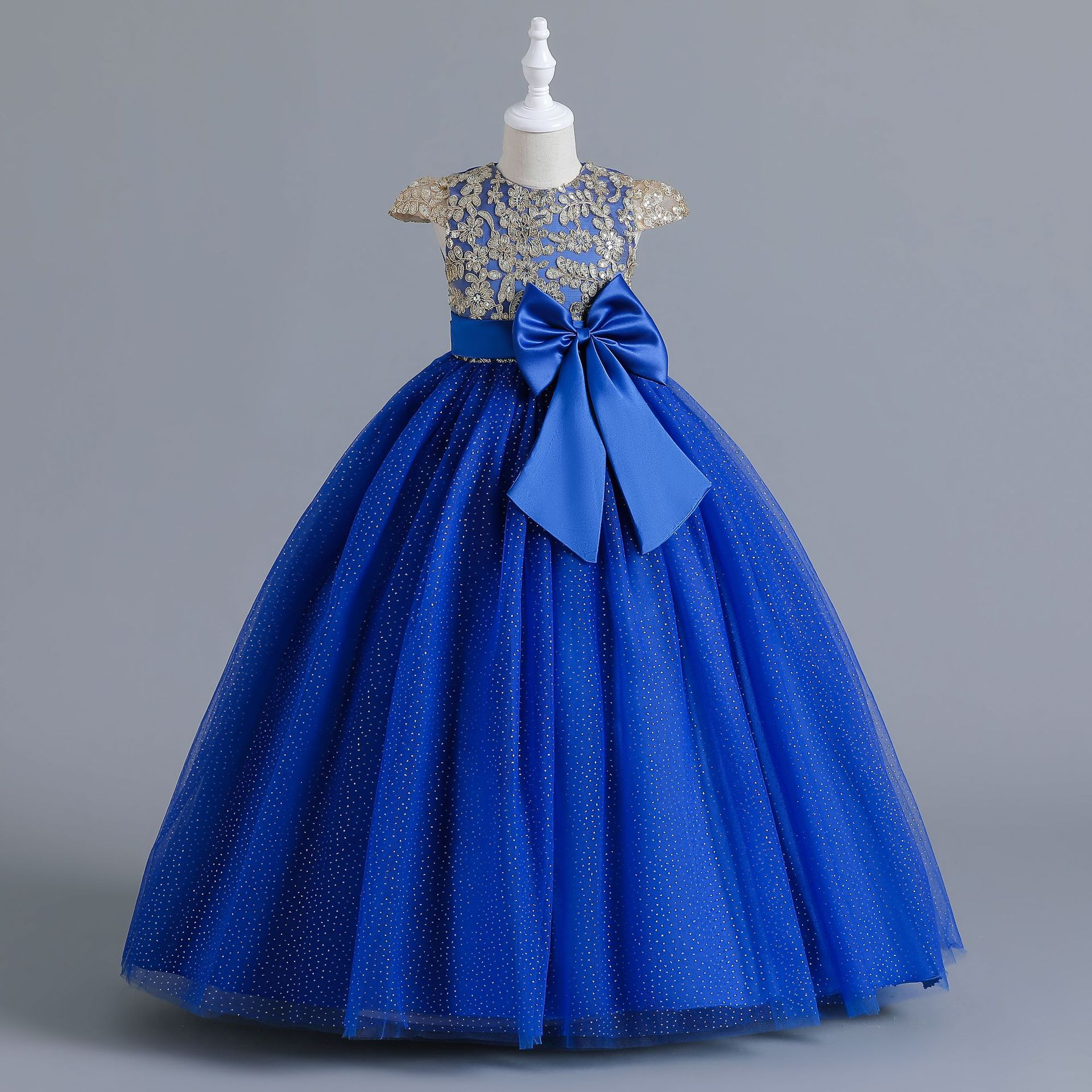 Summer new girl dress short sleeve round neck sequined bow mesh fluffy princess dress long dress suitable for birthday school party family party dinner dress costume.