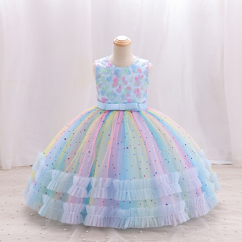 New girls' dresses in summer are printed with sleeveless round neck bow gauze fluffy princess dress suitable for birthday school party, family party, dinner party dress and costume.