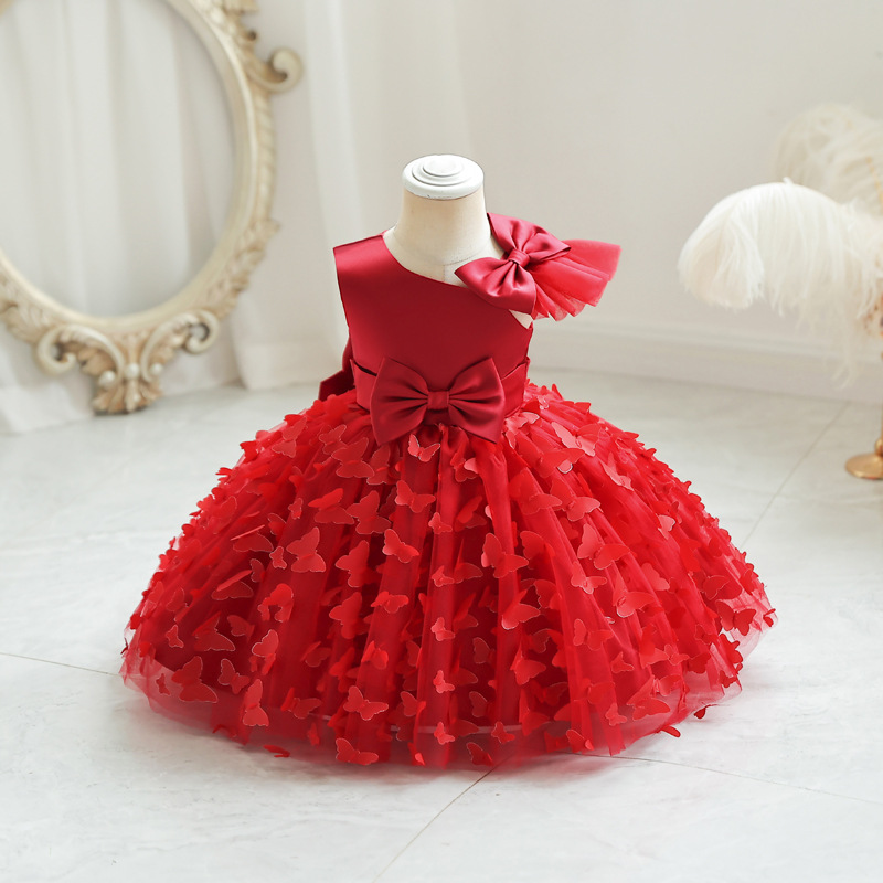 New girls' dresses in summer, round neck, flying sleeves, bow mesh and fluffy princess dress, are suitable for birthday school parties, family gatherings, dinner dresses and costumes.