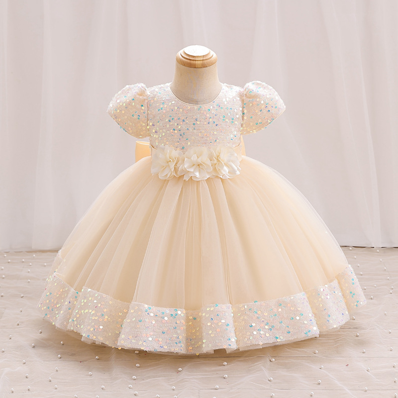 Summer new girls' dress with bubble sleeves and round neck flower bow sequined mesh fluffy princess dress long dress suitable for birthday school party, family party, dinner dress, costume.