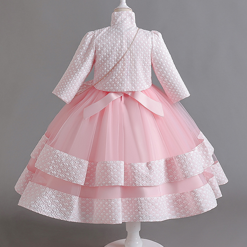 Summer new girls' dress suit long sleeve collar coat sleeveless round neck flower princess skirt small satchel dress three-piece birthday school party family party dinner dress costume.