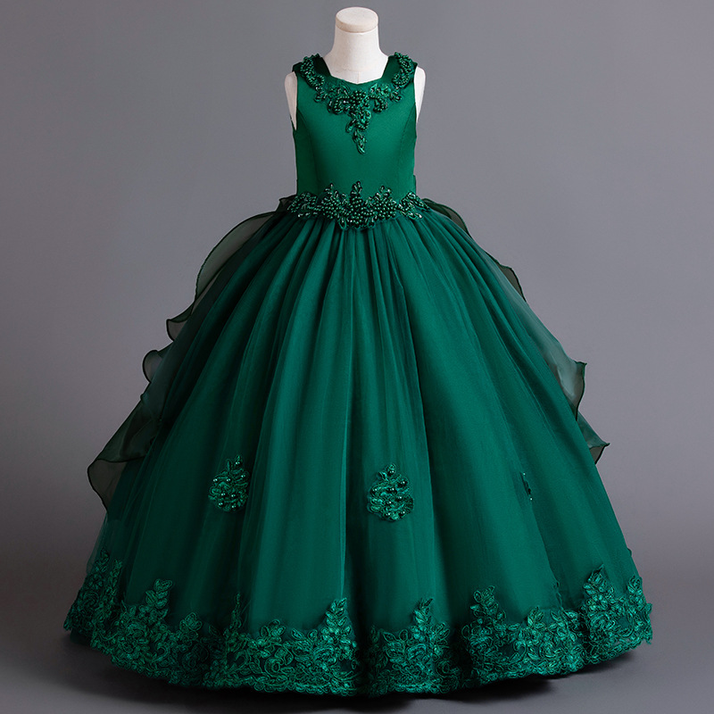 New girls' dress sleeveless round neck beaded bow gauze fluffy skirt long dress trailing dress suitable for birthday school party family party dinner dress costume.