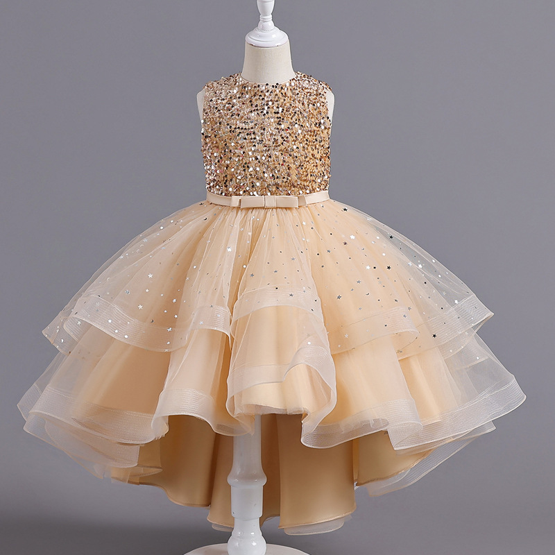 Summer new girl dress sleeveless round neck sequined gauze fluffy skirt long princess skirt trailing skirt suitable for birthday school party family party banquet dress costume.