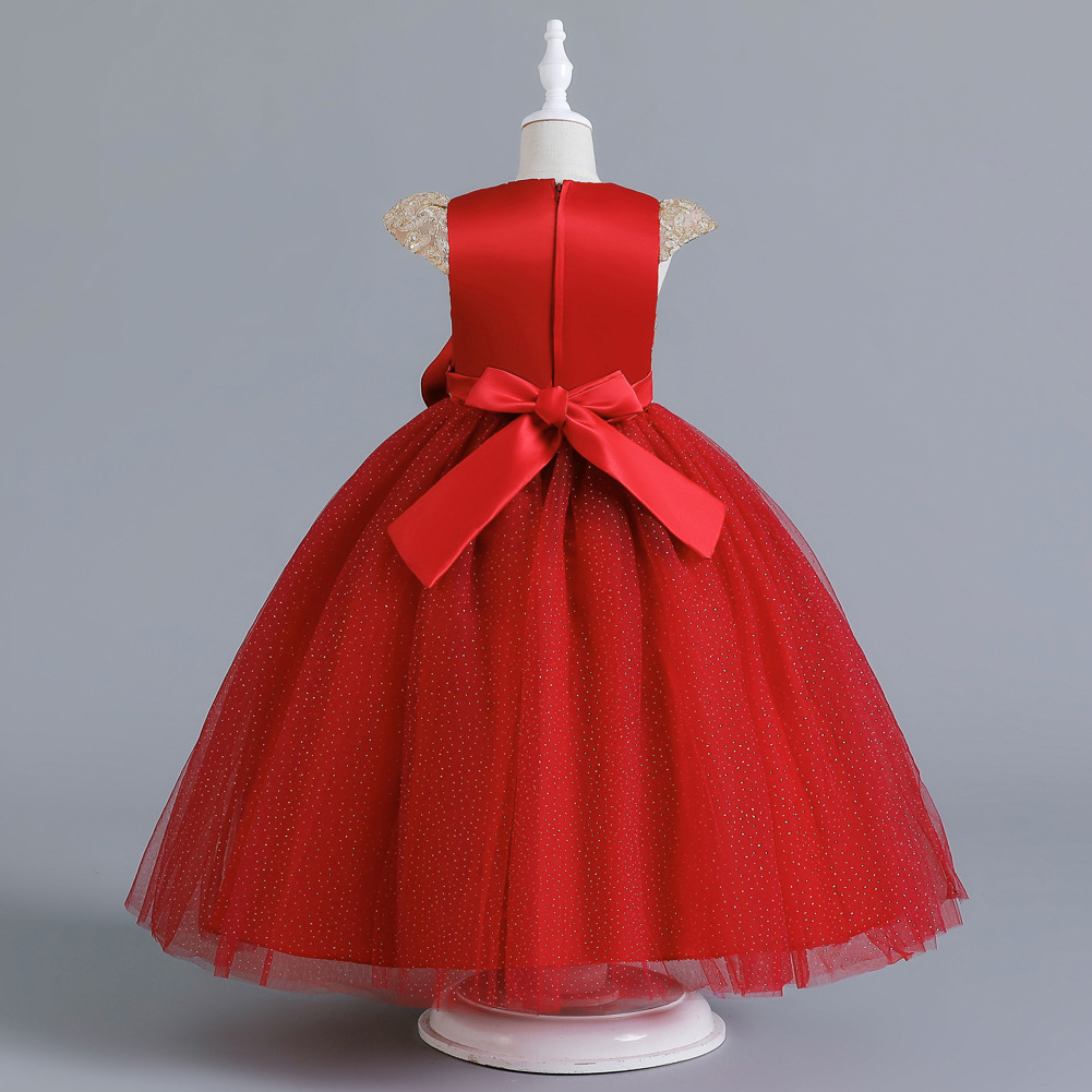 Summer new girl dress short sleeve round neck sequined bow mesh fluffy princess dress long dress suitable for birthday school party family party dinner dress costume.