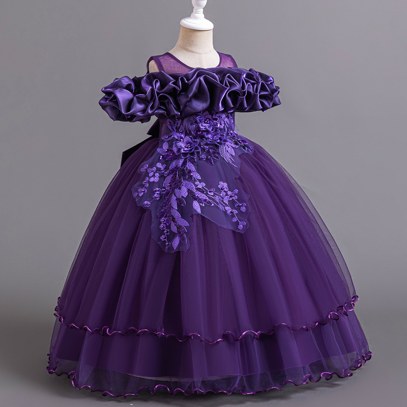 New high-end girls' dresses in summer, solid color round neck, one-shoulder mesh fluffy skirt and long princess skirt, are suitable for birthday school, family gathering and banquet dresses.