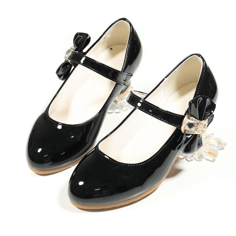 New girls' leather shoes with dresses Princess shoes rhinestone hook and loop bow high heels shoes are suitable for daily casual birthday school parties and banquets.