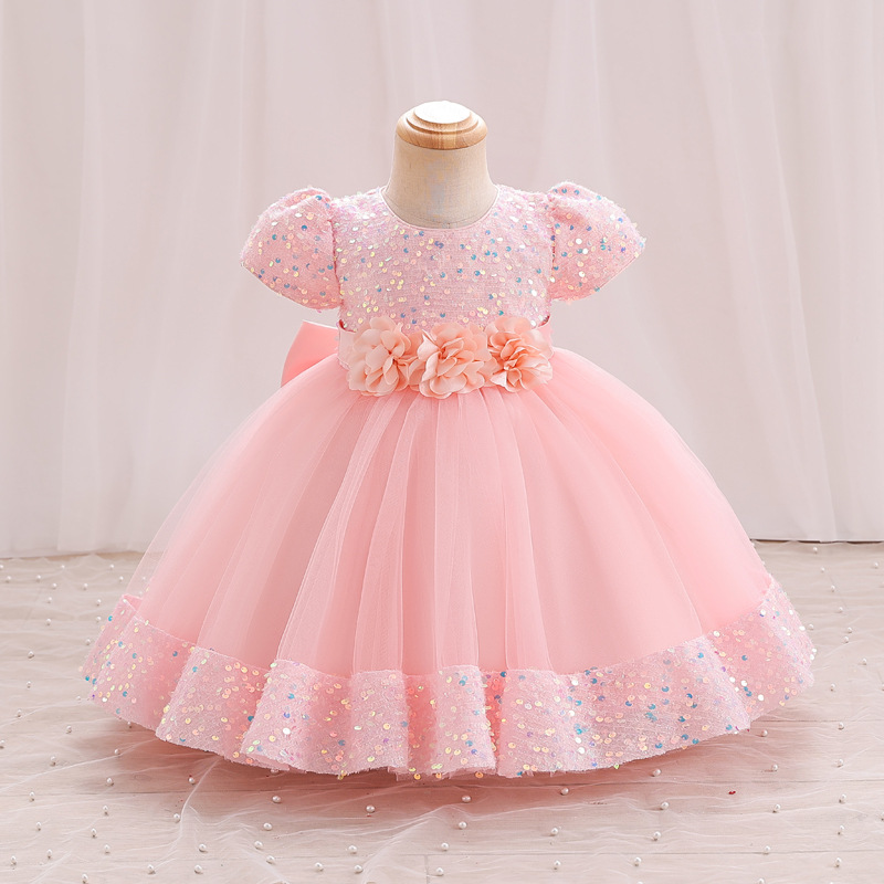 Summer new girls' dress with bubble sleeves and round neck flower bow sequined mesh fluffy princess dress long dress suitable for birthday school party, family party, dinner dress, costume.