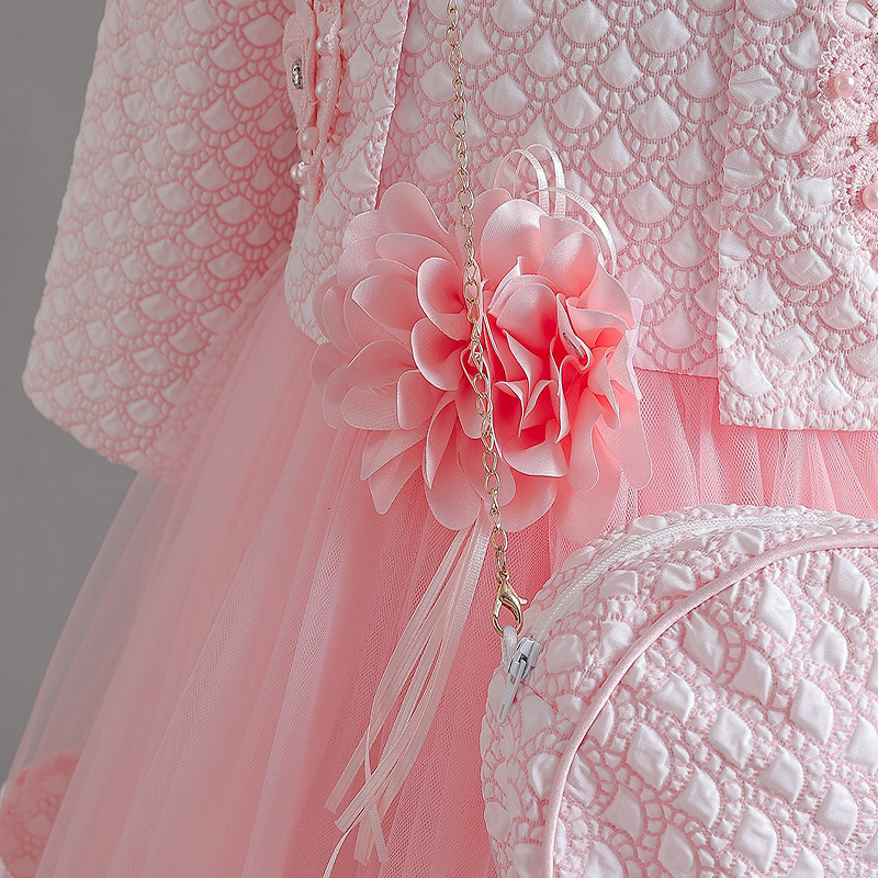 Summer new girls' dress suit long sleeve collar coat sleeveless round neck flower princess skirt small satchel dress three-piece birthday school party family party dinner dress costume.