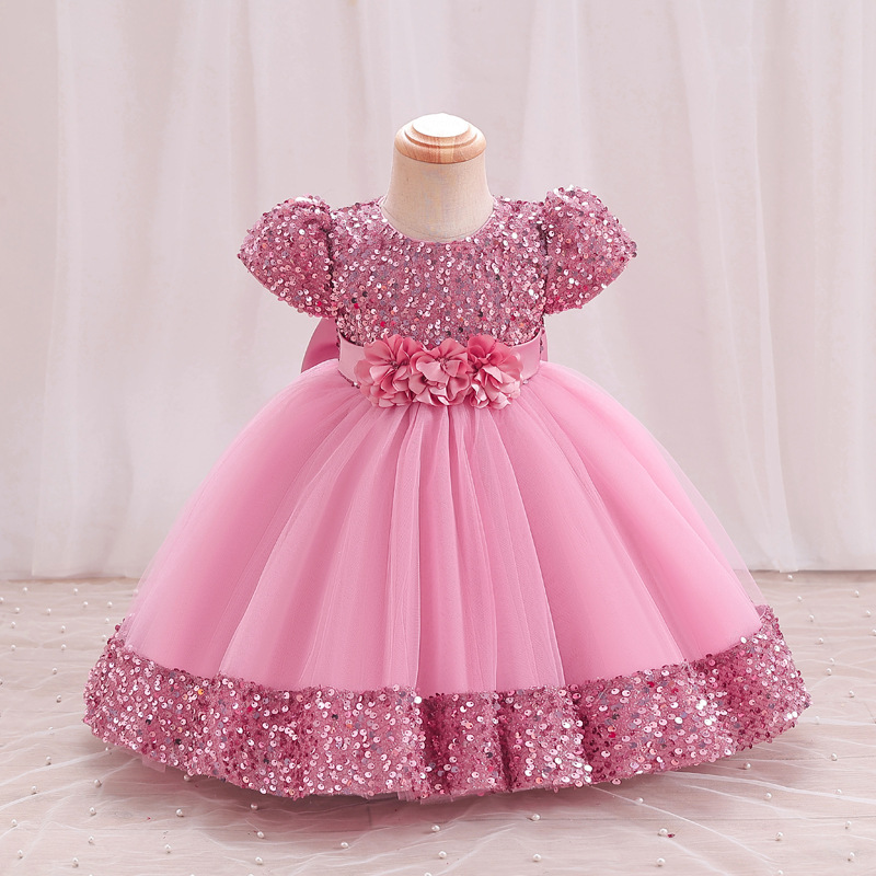 Summer new girls' dress with bubble sleeves and round neck flower bow sequined mesh fluffy princess dress long dress suitable for birthday school party, family party, dinner dress, costume.