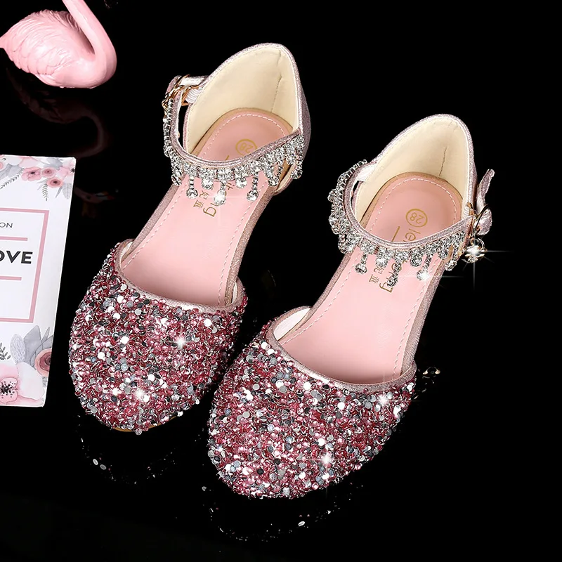 New girls' leather shoes with dress princess shoes sequined rhinestone high-heeled sandals are suitable for daily casual birthday parties, school Christmas parties and banquets.