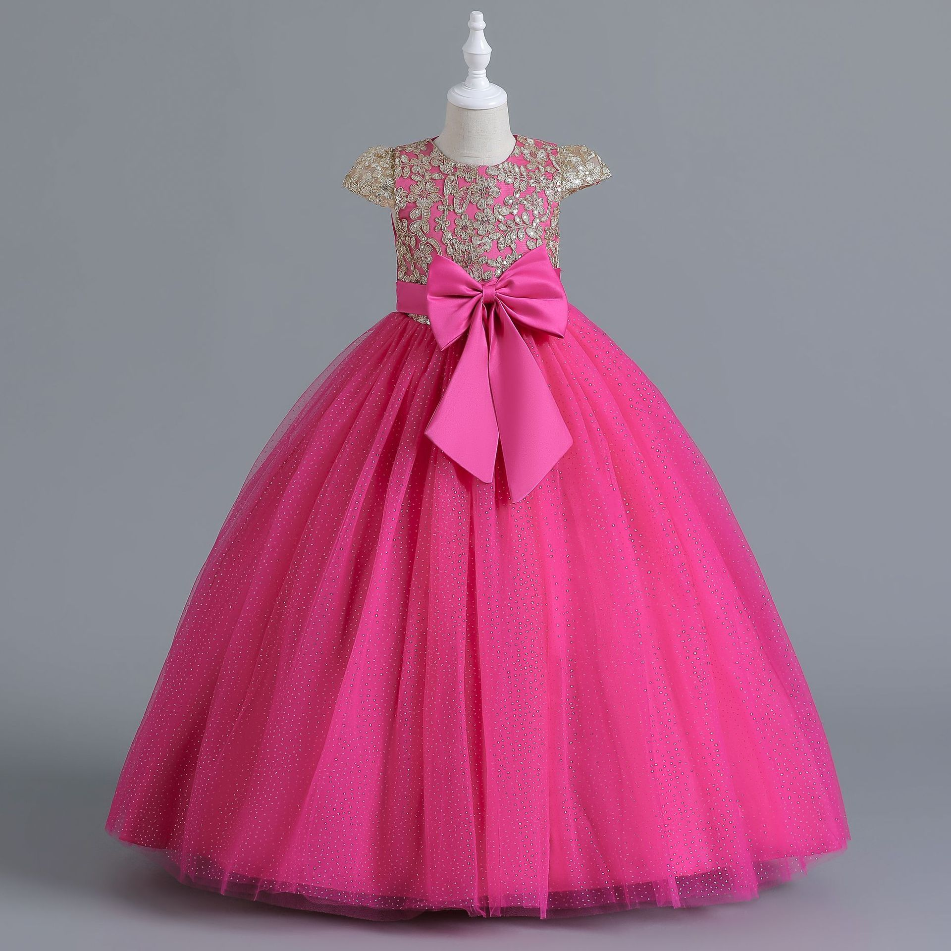 Summer new girl dress short sleeve round neck sequined bow mesh fluffy princess dress long dress suitable for birthday school party family party dinner dress costume.