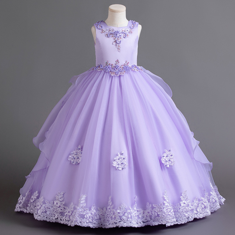 New girls' dress sleeveless round neck beaded bow gauze fluffy skirt long dress trailing dress suitable for birthday school party family party dinner dress costume.