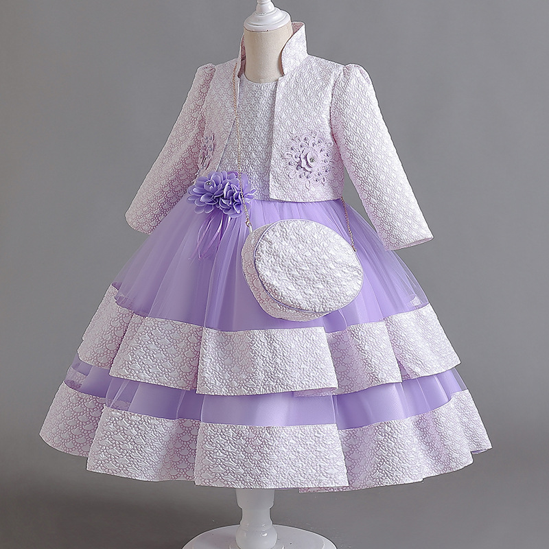 Summer new girls' dress suit long sleeve collar coat sleeveless round neck flower princess skirt small satchel dress three-piece birthday school party family party dinner dress costume.