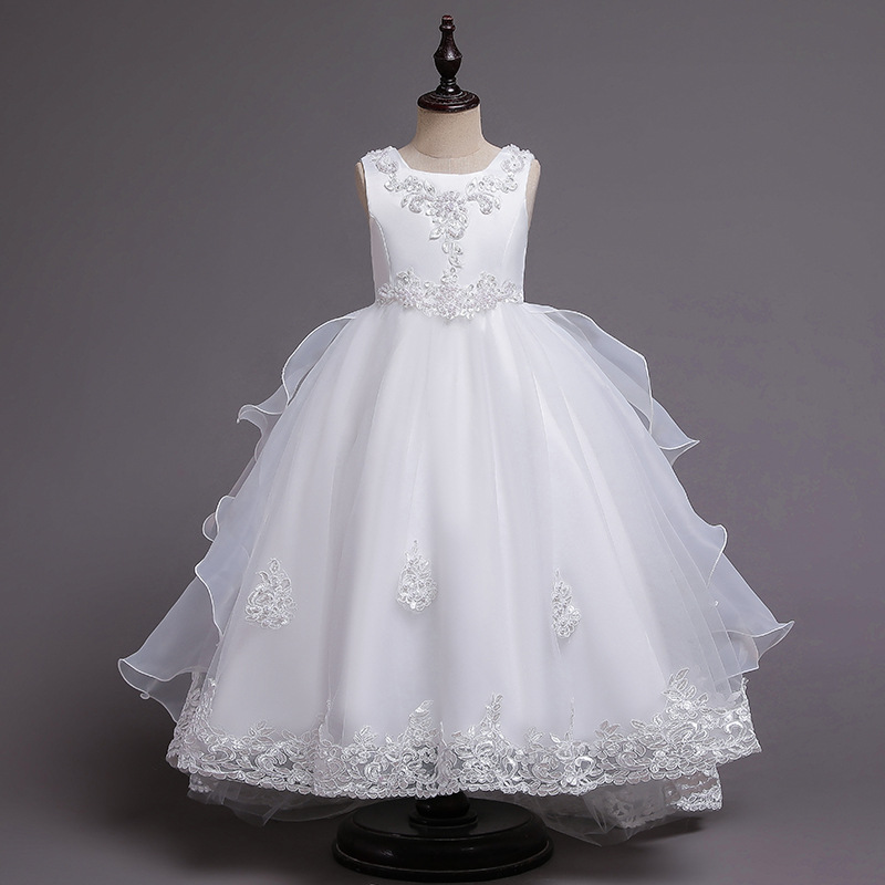 New girls' dress sleeveless round neck beaded bow gauze fluffy skirt long dress trailing dress suitable for birthday school party family party dinner dress costume.
