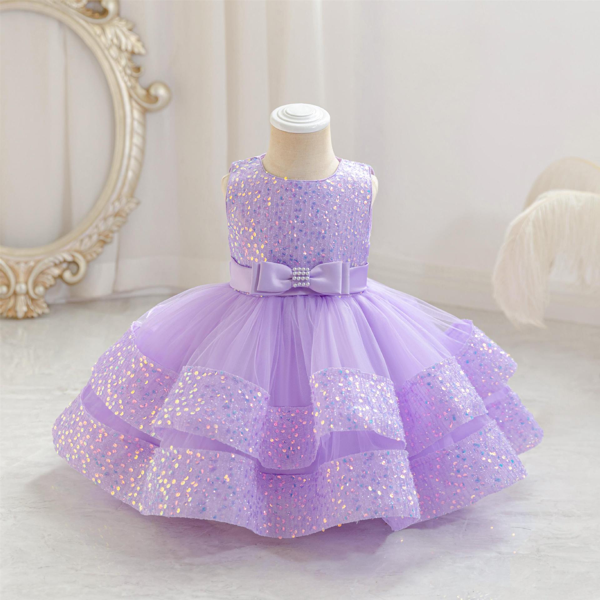 Summer new girl dress sleeveless round neck sequined beaded bow gauze fluffy skirt princess dress birthday school party dinner dress costume