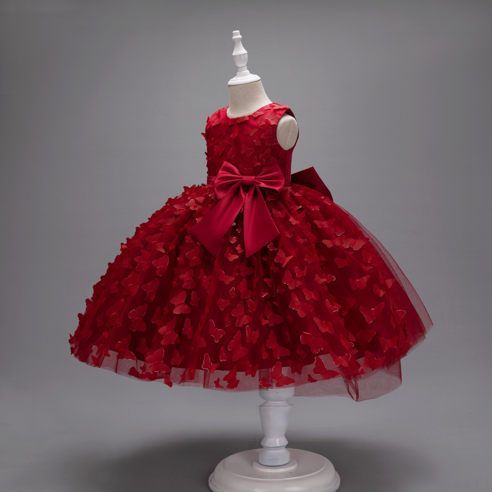 New girls' dresses in summer are solid color sleeveless round neck bow gauze fluffy princess dress suitable for birthday school party, family party, dinner dress and performance costume.