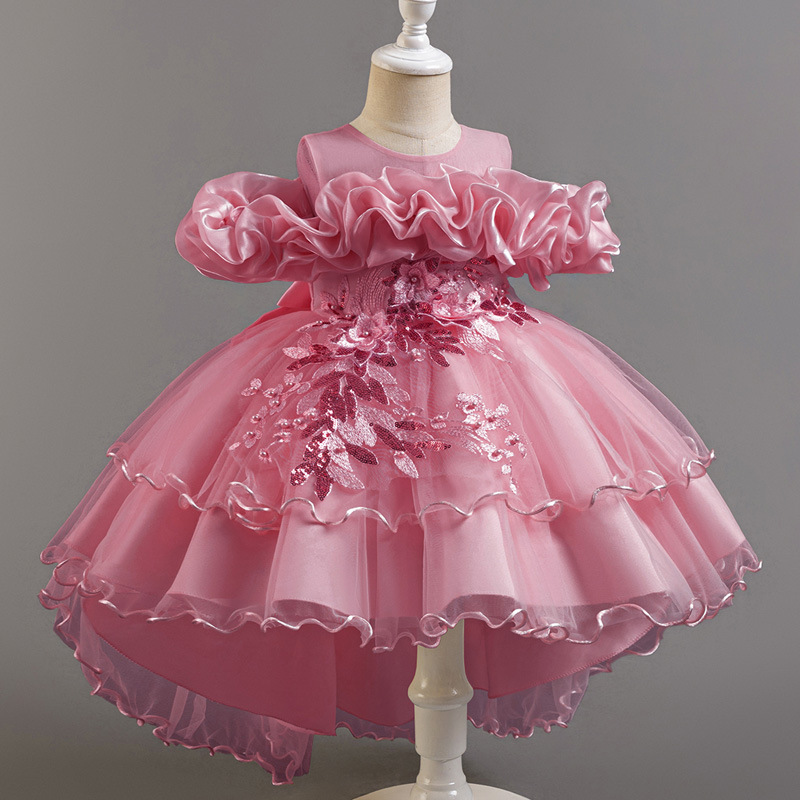Summer new girl dress sleeveless round neck one-shoulder embroidered gauze fluffy skirt long trailing princess dress suitable for birthday school party family opportunity dinner dress costume.