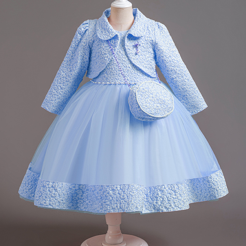 Summer new girls' dress suit long sleeve lapel coat sleeveless round neck beaded gauze princess skirt small satchel dress three-piece birthday school party family party dinner dress costume.
