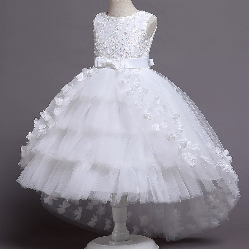 New girls' dresses in summer are sleeveless round neck beaded gauze fluffy princess skirts long dresses trailing dresses suitable for birthday school parties, family parties, dinner dresses and costum