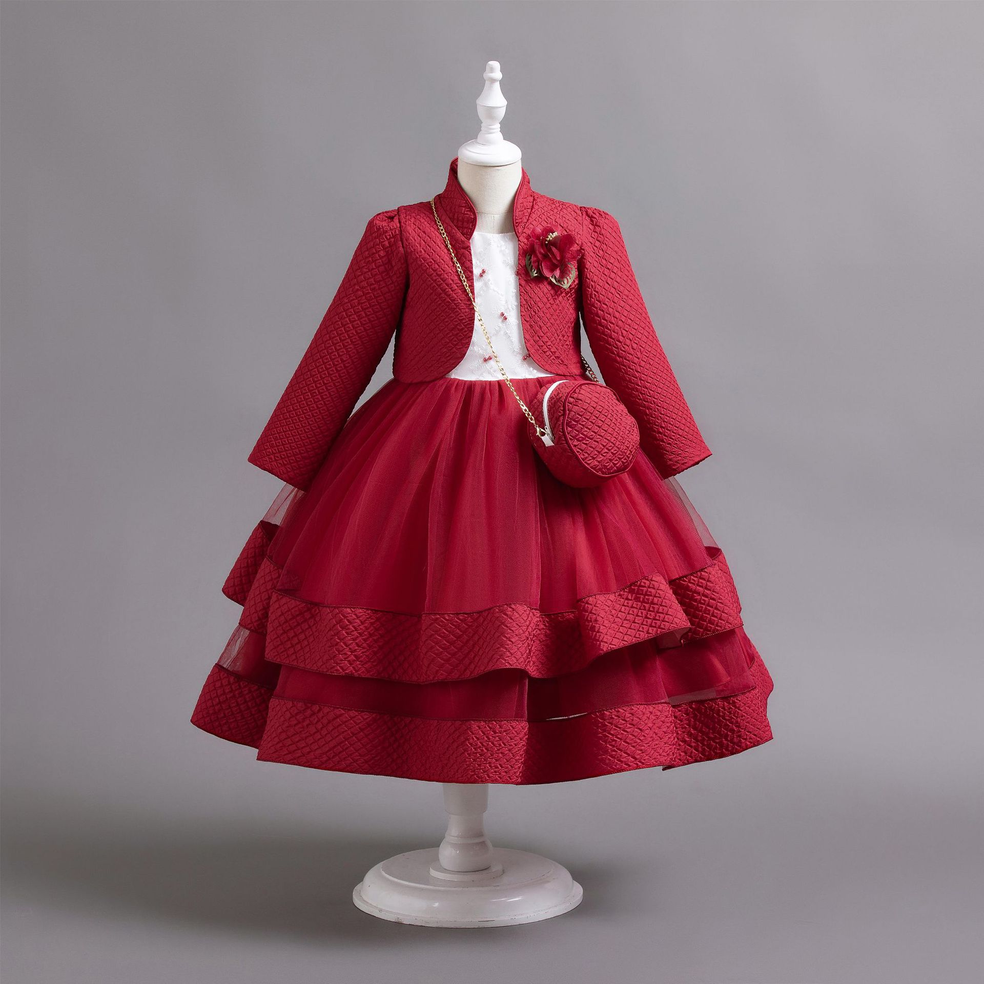 New girls' dress suit long-sleeved collar coat round neck sleeveless beaded gauze dress small backpack suit is suitable for birthday school party, family party, dinner party dress, performance costume