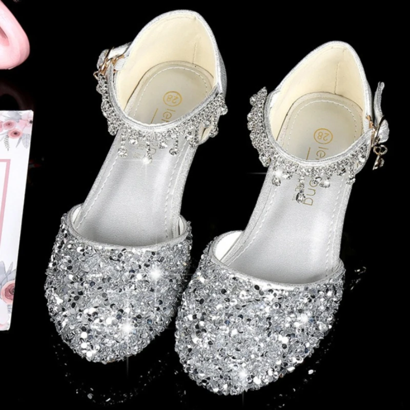 New girls' leather shoes with dress princess shoes sequined rhinestone high-heeled sandals are suitable for daily casual birthday parties, school Christmas parties and banquets.
