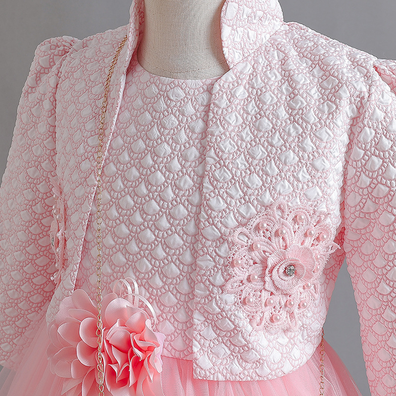 Summer new girls' dress suit long sleeve collar coat sleeveless round neck flower princess skirt small satchel dress three-piece birthday school party family party dinner dress costume.
