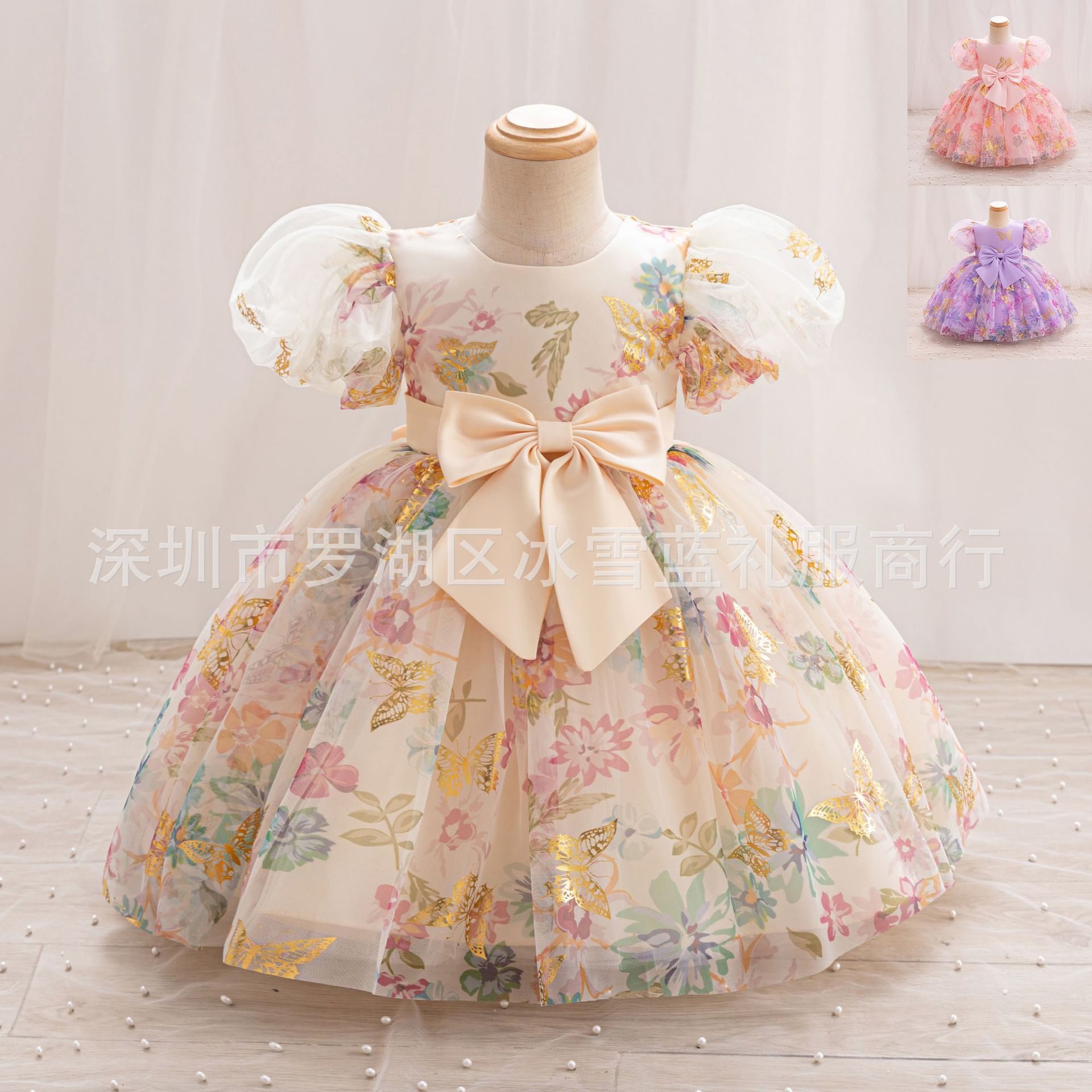 New girls' dresses in summer, puff sleeves, round neck bow, printed gauze fluffy skirt, princess dress, suitable for birthday school party, dinner dress, costume.