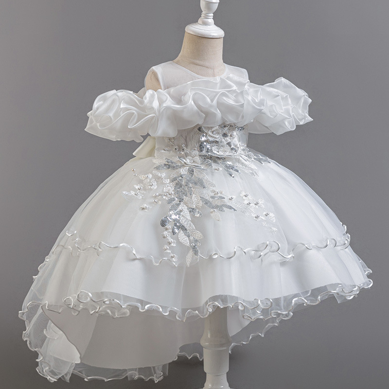 Summer new girl dress sleeveless round neck one-shoulder embroidered gauze fluffy skirt long trailing princess dress suitable for birthday school party family opportunity dinner dress costume.