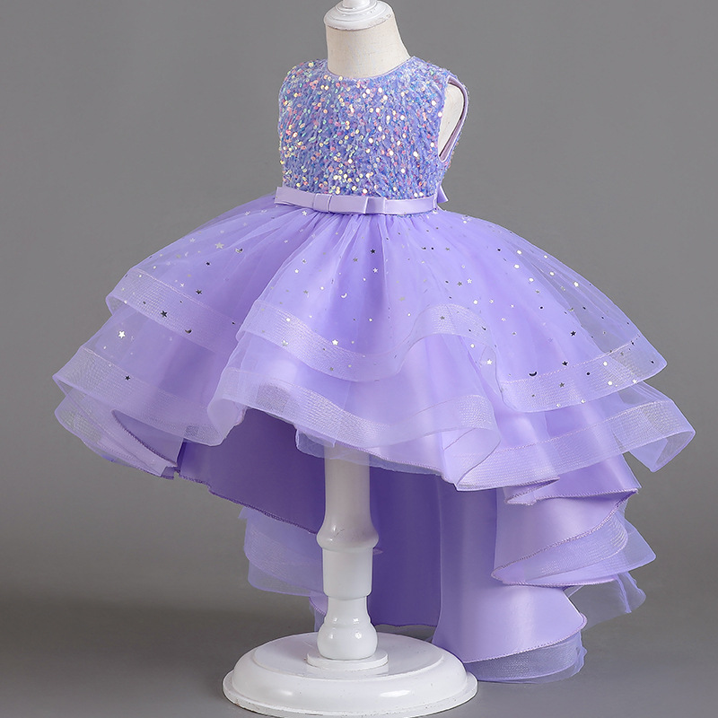 Summer new girl dress sleeveless round neck sequined gauze fluffy skirt long princess skirt trailing skirt suitable for birthday school party family party banquet dress costume.