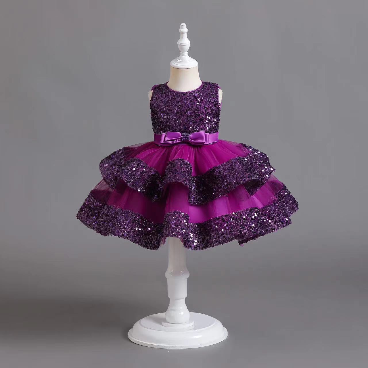 Summer new girl dress sleeveless round neck sequined beaded bow gauze fluffy skirt princess dress birthday school party dinner dress costume