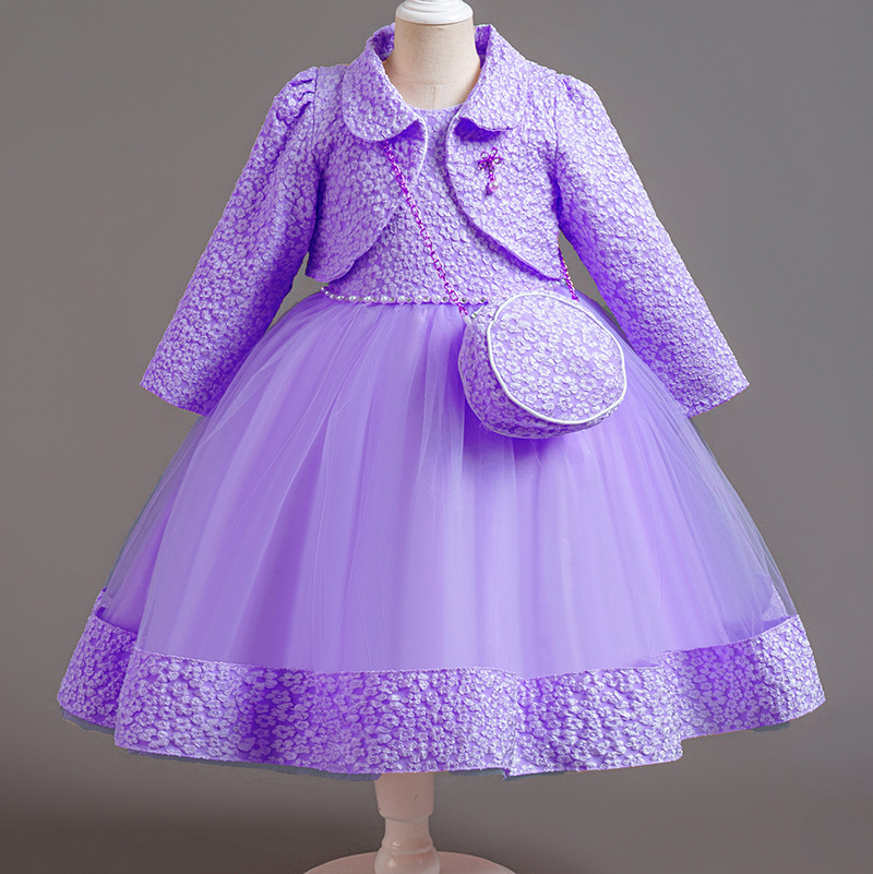 Summer new girls' dress suit long sleeve lapel coat sleeveless round neck beaded gauze princess skirt small satchel dress three-piece birthday school party family party dinner dress costume.