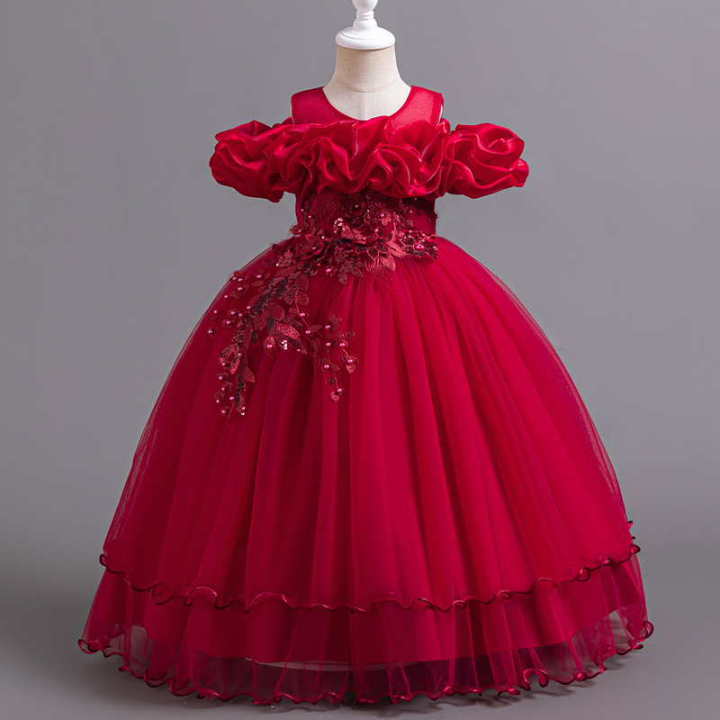New high-end girls' dresses in summer, solid color round neck, one-shoulder mesh fluffy skirt and long princess skirt, are suitable for birthday school, family gathering and banquet dresses.