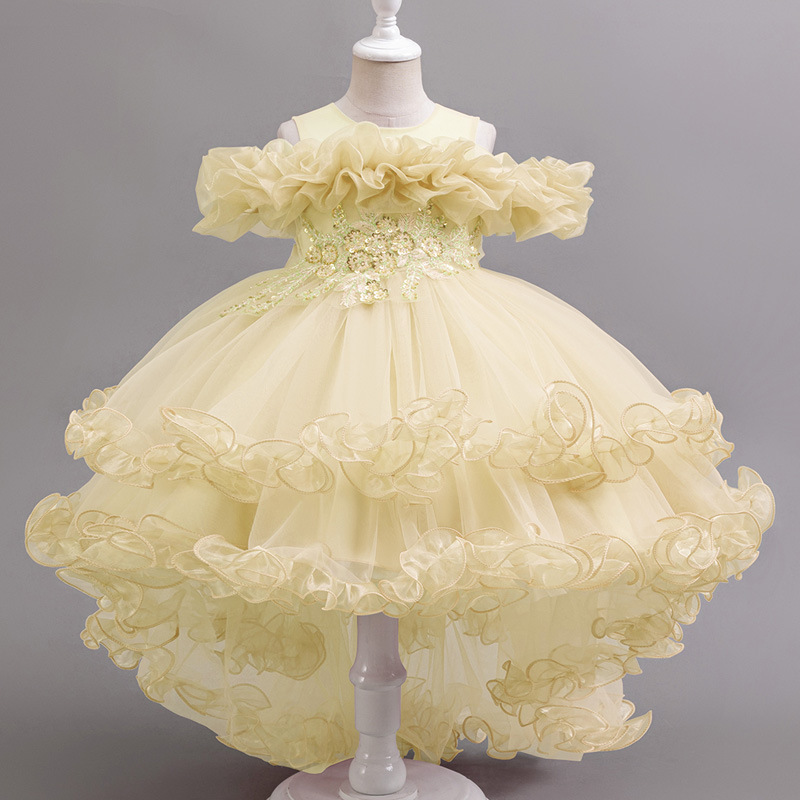 New girls' dresses sleeveless round neck, shoulder mesh fluffy skirt, princess skirt trailing dress is suitable for birthday party, school Christmas party, dinner dress, performance dress.