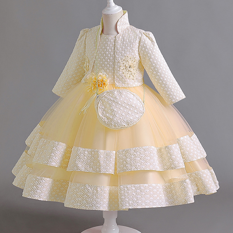 Summer new girls' dress suit long sleeve collar coat sleeveless round neck flower princess skirt small satchel dress three-piece birthday school party family party dinner dress costume.