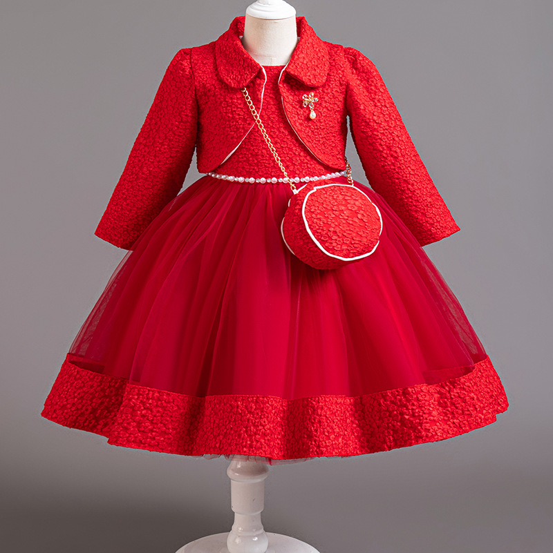 Summer new girls' dress suit long sleeve lapel coat sleeveless round neck beaded gauze princess skirt small satchel dress three-piece birthday school party family party dinner dress costume.