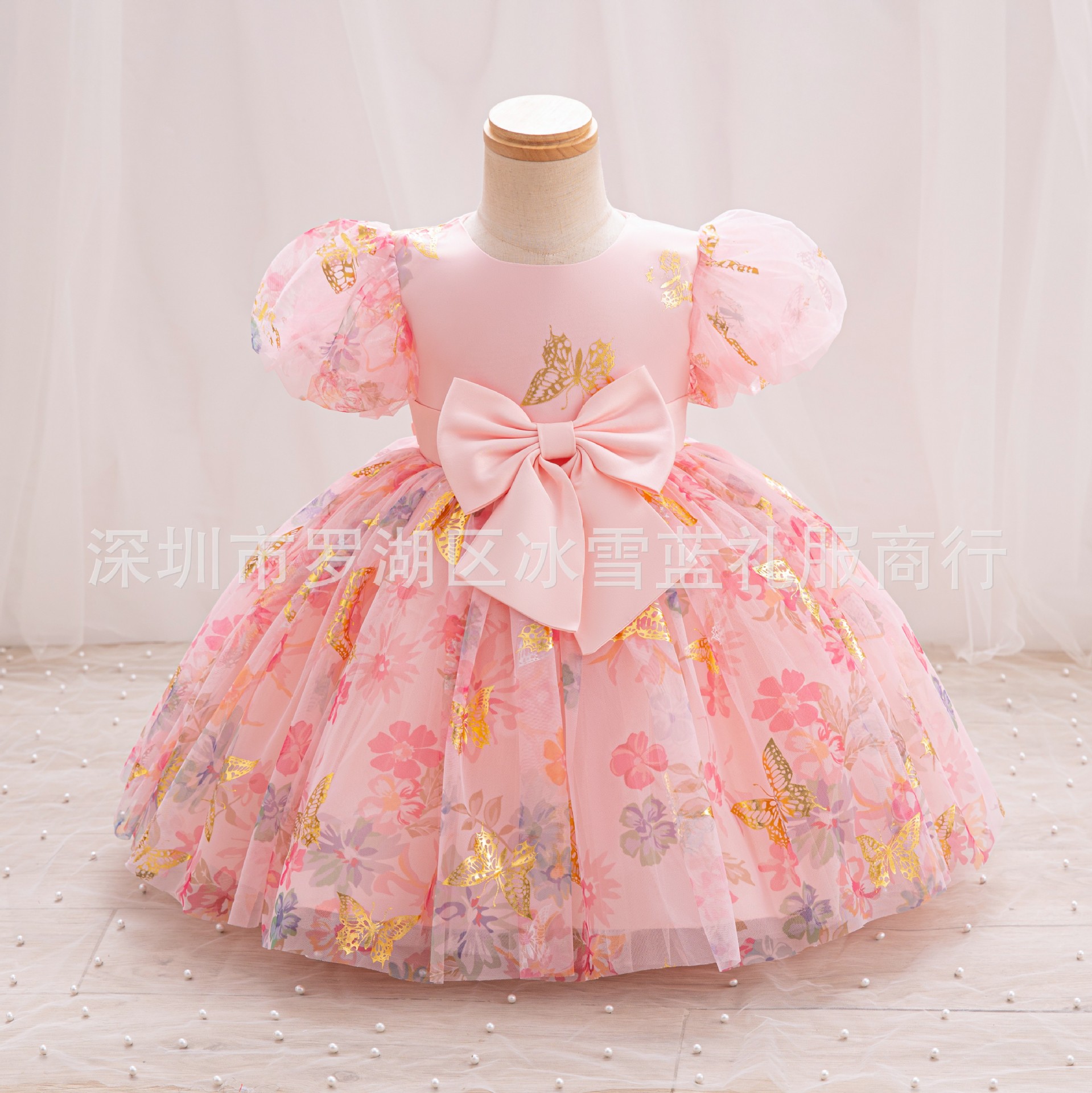 New girls' dresses in summer, puff sleeves, round neck bow, printed gauze fluffy skirt, princess dress, suitable for birthday school party, dinner dress, costume.